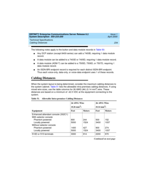 Page 244Technical Specifications 
234 Cabling Distances 
DEFINITY Enterprise Communications Server Release 8.2
System Description  555-233-200  Issue 1
April 2000
The following notes apply to the button and data module records in Table 50:
nAny DCP station (except 8400-series) can add a 7400B, requiring 1 data module 
record.
nA data module can be added to a 7403D or 7405D, requiring 1 data module record.
nA data module (ADM-T) can be added to a 7505D, 7506D, or 7507D, requiring 1 
data module record.
nAn...