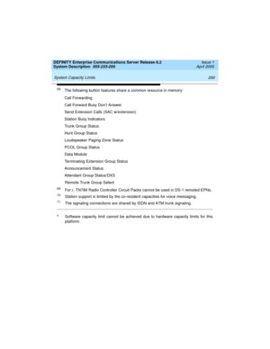 Page 300 
290 System Capacity Limits 
DEFINITY Enterprise Communications Server Release 8.2
System Description  555-233-200  Issue 1
April 2000
*Software capacity limit cannot be achieved due to hardware capacity limits for this
platform.
68The following button features share a common resource in memory:
Call Forwarding
Call Forward Busy Don’t Answer
Send Extension Calls (SAC w/extension)
Station Busy Indicators
Trunk Group Status
Hunt Group Status
Loudspeaker Paging Zone Status
PCOL Group Status
Data Module...