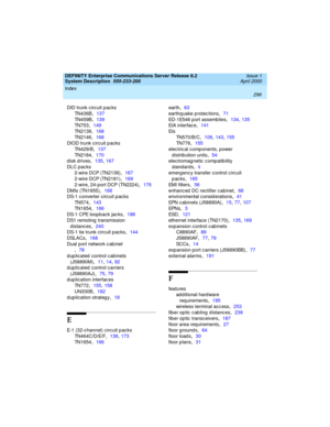 Page 306Index 
296  
DEFINITY Enterprise Communications Server Release 8.2
System Description  
555-233-200  Issue 1
April 2000
DID trunk c irc uit p ac ks
TN436B
,137
TN459B
,139
TN753
,149
TN2139
,168
TN2146
,168
DIOD trunk c ircuit p acks
TN429/B
,137
TN2184
,170
disk drives
,135, 167
DLC pac ks
2-wire DCP (TN2136)
,167
2-wire DCP (TN2181)
,169
2-wire, 24-port DCP (TN2224)
,176
DMIs (TN1655)
,166
DS-1 c onverter circuit p acks
TN574
,143
TN1654
,166
DS-1 CPE loopb ack jac ks
,188
DS1 remoting  transmission...