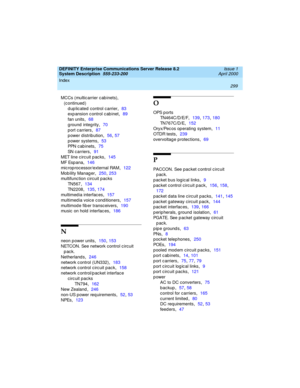 Page 309Index 
299  
DEFINITY Enterprise Communications Server Release 8.2
System Description  
555-233-200  Issue 1
April 2000
MCCs (multic arrier c ab inets), 
(c ontinued )
duplicated control carrier
,83
exp ansion c ontrol c ab inet
,89
fan units
,68
ground integrity
,70
p ort carriers
,87
p ower distrib ution
,56, 57
p ower systems
,53
PPN  c ab i n et s
,75
SN c arriers
,91
MET line c irc uit p ac ks
,145
MF Esp ana
,146
mic rop roc essor/external RAM
,122
Mobility Manager
,250, 253
multifunc tion circuit...