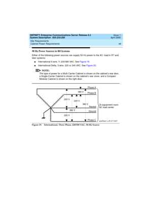 Page 59DEFINITY Enterprise Communications Server Release 8.2
System Description  555-233-200  Issue 1
April 2000
Site Requirements 
49 Cabinet Power Requirements 
50 Hz Power Sources in R8 Systems
Either of the following power sources can supply 50-Hz power to the AC- load in R7 and 
later systems:
nInternational 5-wire, Y, 220/380 VAC. See Figure 19. 
nInternational Delta, 3-wire, 220 or 240 VAC. See Figure 20.
NOTE:
The type of power for a Multi-Carrier Cabinet is shown on the cabinet’s rear door, 
a...