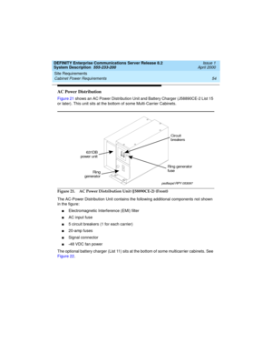 Page 64Site Requirements 
54 Cabinet Power Requirements 
DEFINITY Enterprise Communications Server Release 8.2
System Description  555-233-200  Issue 1
April 2000
AC Power Distribution
Figure 21 shows an AC Power Distribution Unit and Battery Charger (J58890CE-2 List 15 
or later). This unit sits at the bottom of some Multi-Carrier Cabinets. 
Figure 21. AC Power Distribution Unit (J58890CE-2) (Front)
The AC-Power Distribution Unit contains the following additional components not shown 
in the figure:...
