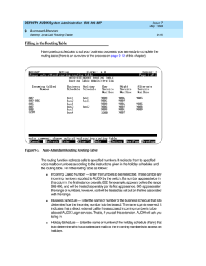 Page 149DEFINITY AUDIX System Administration  585-300-507  Issue 7
May 1999
Automated Attendant 
9-15 Setting Up a Call Routing Table 
9
Filling in the Routing Table
Having  set up  sc hed ules to suit your b usiness p urp oses, you are read y to c omplete the 
routing tab le (there is an overview of the p roc ess on p age 9-12 of this c hap ter):
Figure 9-3. Auto-Attendant-Routing Routing-Table
The routing  func tion red irec ts c alls to sp ec ified numb ers. It red irec ts them to sp ec ified 
voic e mailb ox...