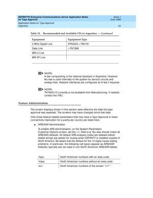 Page 32DEFINITY® Enterprise Communications Server Application Notes 
for Type Approval    Issue 1
June 1999
Application Notes for Type Approval 
24 Argentina 
NOTE:
A-law c ompand ing  is the national stand ard  in Arg entina. However, 
Mu-law is used  internally to the system for servic e c irc uits and  
analog  lines. Network interfac es are c onfig ured  as A-law if req uired .
NOTE:
TN760Dv15 c urrently is not availab le from Manufac turing . If need ed , 
c ontac t the ITAC.
Feature Administration
The sc...