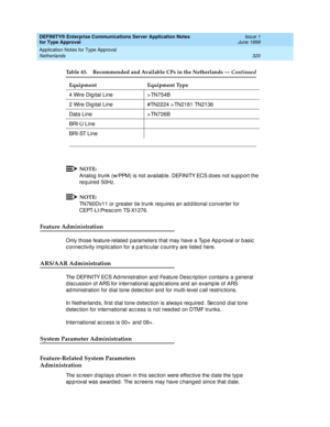 Page 328DEFINITY® Enterprise Communications Server Application Notes 
for Type Approval    Issue 1
June 1999
Application Notes for Type Approval 
320 Netherlands 
NOTE:
Analog  trunk (w/PPM) is not availab le. DEFINITY ECS d oes not sup p ort the 
req uired  50Hz.
NOTE:
TN760Dv11 or g reater tie trunk req uires an ad d itional c onverter for 
CEPT-LI:Presc om TS-X1276.
Feature Administration
Only those feature-related  p arameters that may have a Typ e Ap p roval or b asic  
c onnec tivity imp lic ation for a p...