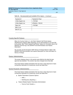 Page 428DEFINITY® Enterprise Communications Server Application Notes 
for Type Approval    Issue 1
June 1999
Application Notes for Type Approval 
420 Spain 
Country-Specific Features
When the Country Code is 11, the Pub lic  Network Call Priority feature 
(Multifreq uenc y Esp ana (MFE) Sig naling ) c an b e ad ministered  on CO and  DID 
trunk g roup s. See “ Pub lic  Network Call Priority”  feature for information ab out Call 
Retention and  Re-ring  in the DEFINITY ECS Ad ministration and  Feature 
Desc rip...