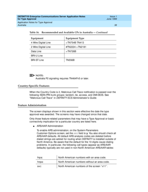 Page 46DEFINITY® Enterprise Communications Server Application Notes 
for Type Approval    Issue 1
June 1999
Application Notes for Type Approval 
38 Australia 
NOTE:
Australia P2 sig naling req uires TN464Fv5 or later.
Country-Specific Features
When the Country Code is 2, Malic ious Call Trac e notific ation is p assed  over the 
following  ISDN-PRI trunk g roup s: tand em, tie, ac c ess, and  DMI-BOS. See 
“ Malic ious Call Trac e”  in 
D EFINITY EC S Ad ministrator’s Guid e.
Feature Administration
The sc reen...