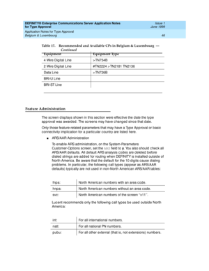 Page 54DEFINITY® Enterprise Communications Server Application Notes 
for Type Approval    Issue 1
June 1999
Application Notes for Type Approval 
46 Belgium & Luxembourg 
Feature Administration
The sc reen d isp lays shown in this sec tion were effec tive the d ate the typ e 
ap p roval was award ed . The sc reens may have c hang ed  sinc e that d ate.
Only those feature-related  p arameters that may have a Typ e Ap p roval or b asic  
c onnec tivity imp lic ation for a p artic ular c ountry are listed  here....