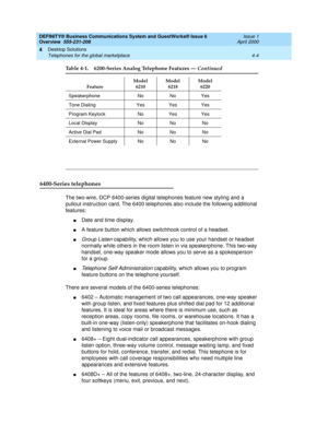 Page 72DEFINITY® Business Communications System and GuestWorks® Issue 6 
Overview  555-231-208  Issue 1
April 2000
Desktop Solutions 
4-4 Telephones for the global marketplace 
4
6400-Series telephones 
6400-Series telephones 
The two-wire, DCP 6400-series digital telephones feature new styling and a 
pullout instruction card. The 6400 telephones also include the following additional 
features:
nDate and time display.
nA feature button which allows switchhook control of a headset.
nGroup Listen capability,...