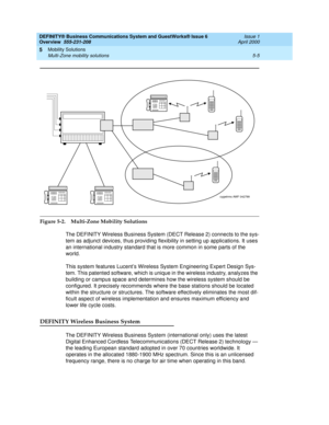 Page 87DEFINITY® Business Communications System and GuestWorks® Issue 6 
Overview  555-231-208  Issue 1
April 2000
Mobility Solutions 
5-5 Multi-Zone mobility solutions 
5
Figure 5-2. Multi-Zone Mobility Solutions
The DEFINITY Wireless Business System (DECT Release 2) connects to the sys-
tem as adjunct devices, thus providing flexibility in setting up applications. It uses 
an international industry standard that is more common in some parts of the 
world. 
This system features Lucent’s Wireless System...