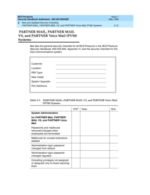 Page 38BCS Products 
Security Handbook Addendum  585-025-600ADD  Issue 1
May 1999
New and Updated Security Checklists 
3-12 PARTNER MAIL, PARTNER MAIL VS, and PARTNER Voice Mail (PVM) Systems 
3
 PART N E R  MA IL ,  PA RT N E R  M A IL
VS, and PARTNER Voice Mail (PVM)
Systems
See also the g eneral sec urity c hec klist for all BCS Prod uc ts in the BC S Pro d u c t s 
Sec urity Handb ook
, 555-025-600, Ap p end ix H, and  the sec urity c hec klist for the 
host c ommunic ations system.
 
C us tom er :...