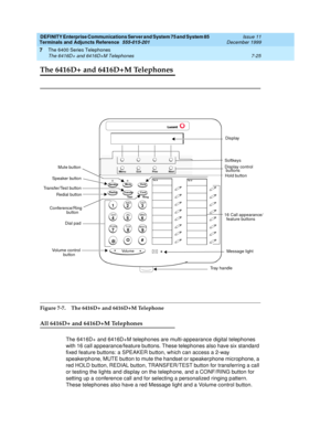 Page 129DEFINITY Enterprise Communications Server and System 75 and System 85
Terminals and Adjuncts Reference
555-015-201Issue 11
December 1999
The 6400 Series Telephones
7-25 The 6416D+ and 6416D+M Telephones
7
The 6416D+ and 6416D+M Telephones
Figure 7-7. The 6416D+ and 6416D+M Telephone
All 6416D+ and 6416D+M Telephones
The 6416D+ and 6416D+M telephones are multi-appearance digital telephones
with 16 call appearance/feature buttons. These telephones also have six standard
fixed feature buttons: a SPEAKER...