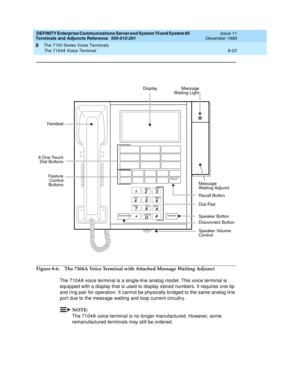 Page 179DEFINITY Enterprise Communications Server and System 75 and System 85
Terminals and Adjuncts Reference
555-015-201Issue 11
December 1999
The 7100 Series Voice Terminals
8-23 The 7104A Voice Terminal
8
Figure 8-6. The 7104A Voice Terminal with Attached Message Waiting Adjunct
The 7104A voice terminal is a single-line analog model. This voice terminal is
equipped with a display that is used to display stored numbers. It requires one tip
and ring pair for operation. It cannot be physically bridged to the...