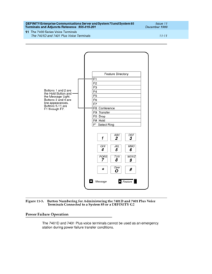 Page 219DEFINITY Enterprise Communications Server and System 75 and System 85
Terminals and Adjuncts Reference
555-015-201Issue 11
December 1999
The 7400 Series Voice Terminals
11-11 The 7401D and 7401 Plus Voice Terminals
11
Figure 11-3. Button Numbering for Administering the 7401D and 7401 Plus Voice 
Terminals Connected to a System 85 or a DEFINITY G2
Power Failure Operation
The 7401D and 7401 Plus voice terminals cannot be used as an emergency
station during power failure transfer conditions.
Message
1
23
45...