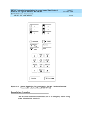 Page 231DEFINITY Enterprise Communications Server and System 75 and System 85
Terminals and Adjuncts Reference
555-015-201Issue 11
December 1999
The 7400 Series Voice Terminals
11-23 The 7402 Plus Voice Terminal
11
Figure 11-6. Button Numbering for Administering the 7402 Plus Voice Terminal 
Connected to a System 85 or a DEFINITY G2
Power Failure Operation
The 7402 Plus voice terminal cannot be used as an emergency station during
power failure transfer conditions.
Conference
Drop
Transfer
Hold
SpeakerVolume...