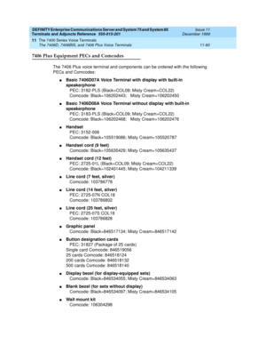 Page 268DEFINITY Enterprise Communications Server and System 75 and System 85
Terminals and Adjuncts Reference
555-015-201Issue 11
December 1999
The 7400 Series Voice Terminals
11-60 The 7406D, 7406BIS, and 7406 Plus Voice Terminals
11
7406 Plus Equipment PECs and Comcodes
The 7406 Plus voice terminal and components can be ordered with the following
PECs and Comcodes:
nBasic 7406D07A Voice Terminal with display with built-in
speakerphone
PEC: 3182-PLS (Black=COL09; Misty Cream=COL22)
Comcode: Black=106202443;...