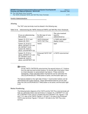 Page 285DEFINITY Enterprise Communications Server and System 75 and System 85
Terminals and Adjuncts Reference
555-015-201Issue 11
December 1999
The 7400 Series Voice Terminals
11-77 The 7407D, Enhanced 7407D, and 7407 Plus Voice Terminals
11
Switch Administration
Aliasing
The 7407 voice terminals must be aliased in the following way:
NOTE:
On the 7407D (7407D01B) voice terminal, the second column of 11 buttons
from the right are dual-function buttons. On the left side of the button, there
is a fixed calculator...