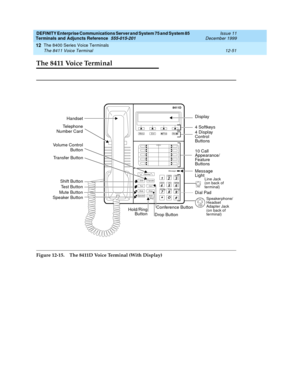 Page 379DEFINITY Enterprise Communications Server and System 75 and System 85
Terminals and Adjuncts Reference
555-015-201Issue 11
December 1999
The 8400 Series Voice Terminals
12-51 The 8411 Voice Terminal
12
The 8411 Voice Terminal
Figure 12-15. The 8411D Voice Terminal (With Display)
Volume
ShiftT ran s fer
Te stConf
MuteDropSpeakerHold
1
23
456
78
9ABC DEF
MNO JKL GHI
PQRS TUV WXYZ
*O
#Dial Pad
Hold/Ring Transfer Button
Conference Button
10 Call
Appearance/
Message
4Softkeys
4Display
8411D
NextPrevMenu Ex...