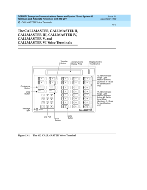 Page 422DEFINITY Enterprise Communications Server and System 75 and System 85
Terminals and Adjuncts Reference
555-015-201Issue 11
December 1999
CALLMASTER Voice Terminals
13-2
13
The CALLMASTER, CALLMASTER II, 
CALLMASTER III, CALLMASTER IV, 
CALLMASTER V, and 
CALLMASTER VI Voice Terminals
Figure 13-1. The 602 CALLMASTER Voice Terminal
Drop
123
456
789ABC DEF
MNO JKL GHI
PRS
TUVWXY
*O# Oper
Conference Tra nsfer
Hold
Mute
Message
Mute MessageAlphanumeric Transfer
Hold Conference
Drop
CALLMASTER
Dial Pad...