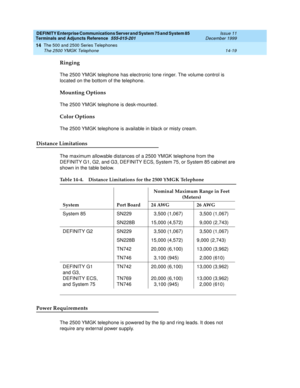 Page 467DEFINITY Enterprise Communications Server and System 75 and System 85
Terminals and Adjuncts Reference
555-015-201Issue 11
December 1999
The 500 and 2500 Series Telephones
14-19 The 2500 YMGK Telephone
14
Ringing
The 2500 YMGK telephone has electronic tone ringer. The volume control is
located on the bottom of the telephone.
Mounting Options
The 2500 YMGK telephone is desk-mounted.
Color Options
The 2500 YMGK telephone is available in black or misty cream.
Distance Limitations
The maximum allowable...