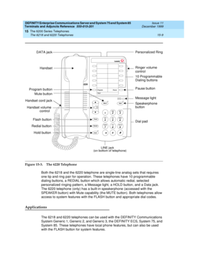 Page 493DEFINITY Enterprise Communications Server and System 75 and System 85
Terminals and Adjuncts Reference
555-015-201Issue 11
December 1999
The 6200 Series Telephones
15-9 The 6218 and 6220 Telephones
15
Figure 15-3. The 6220 Telephone
Both the 6218 and the 6220 telephone are single-line analog sets that requires
one tip and ring pair for operation. These telephones have 10 programmable
dialing buttons, a REDIAL button which allows automatic redial, selected
personalized ringing pattern, a Message light, a...