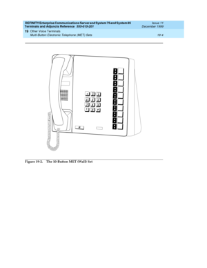 Page 616DEFINITY Enterprise Communications Server and System 75 and System 85
Terminals and Adjuncts Reference
555-015-201Issue 11
December 1999
Other Voice Terminals
19-4 Multi-Button Electronic Telephone (MET) Sets
19
Figure 19-2. The 10-Button MET (Wall) Set
1
23
45
6
78
9AB
CD
EF
MN
O JKL
GHI
PR
STUV
WX
Y
*O#
1
23
45
6
78
9ABC
DE
F
MN
O JKL
G
HI
PR
ST
UV
WXY
*O#OPE
R
R 