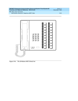 Page 618DEFINITY Enterprise Communications Server and System 75 and System 85
Terminals and Adjuncts Reference
555-015-201Issue 11
December 1999
Other Voice Terminals
19-6 Multi-Button Electronic Telephone (MET) Sets
19
Figure 19-4. The 20-Button MET (Desk) Set
1
23
456
78
9ABC DEF
MNO JKL GHI
PRS TUV WXY
*O#
1
23
456
78
9ABC DEF
MNO JKL GHI
PRS TUV WX Y
*O#
R 