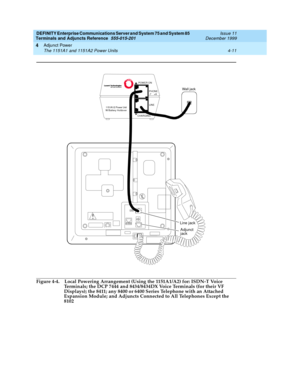 Page 73DEFINITY Enterprise Communications Server and System 75 and System 85
Terminals and Adjuncts Reference
555-015-201Issue 11
December 1999
Adjunct Power
4-11 The 1151A1 and 1151A2 Power Units
4
Figure 4-4. Local Powering Arrangement (Using the 1151A1/A2) for: ISDN-T Voice 
Terminals; the DCP 7444 and 8434/8434DX Voice Terminals (for their VF 
Displays); the 8411; any 8400 or 6400 Series Telephone with an Attached 
Expansion Module; and Adjuncts Connected to All Telephones Except the 
8102
Adjunct
Line...