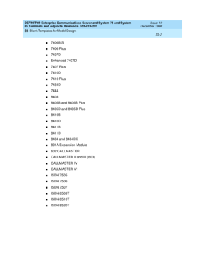 Page 770DEFINITY® Enterprise Communications Server and System 75 and System
85 Terminals and Adjuncts Reference
555-015-201Issue 10
December 1998
Blank Templates for Model Design
23-2
23
n7406BIS
n7406 Plus
n7407D
nEnhanced 7407D
n7407 Plus
n7410D
n7410 Plus
n7434D
n7444
n8403
n8405B and 8405B Plus
n8405D and 8405D Plus
n8410B
n8410D
n8411B
n8411D
n8434 and 8434DX
n801A Expansion Module
n602 CALLMASTER
nCALLMASTER II and III (603)
nCALLMASTER IV
nCALLMASTER VI
nISDN 7505
nISDN 7506
nISDN 7507
nISDN 8503T
nISDN...