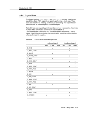 Page 119Introduction to ASAI
Issue  3  May 1998
3-11
ASAI Capabilities
The library functions asai_send() and asai_rcv() are used to exchange 
capabilities. Each ASAI capability is specific, performing a single task. These 
tasks are classified as initiating, continuing or terminating. The capabilities are 
also classified as acknowledged or unacknowledged.
Table 3-6 lists each capability primitive and shows how it is classified. Note that a 
number of the confirmation primitives are classified both as...