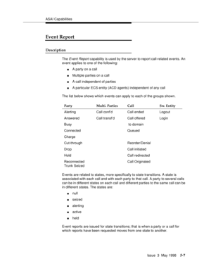 Page 147ASAI Capabilities
Issue  3  May 1998
5-7
Event Report
Description
The Event Report capability is used by the server to report call-related events. An 
event applies to one of the following:
nA party on a call
nMultiple parties on a call
nA call independent of parties
nA particular ECS entity (ACD agents) independent of any call
The list below shows which events can apply to each of the groups shown.
Events are related to states, more specifically to state transitions. A state is 
associated with each...