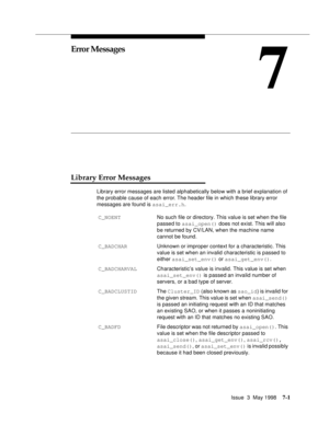 Page 203Issue  3  May 19987-1
7
Error Messages
Library Error Messages
Library error messages are listed alphabetically below with a brief explanation of 
the probable cause of each error. The header file in which these library error 
messages are found is asai_err.h. 
 C_NOENTNo such file or directory. This value is set when the file 
passed to asai_open() does not exist. This will also 
be returned by CV/LAN, when the machine name 
cannot be found.
 C_BADCHARUnknown or improper context for a characteristic....