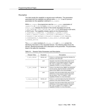 Page 353Programming Manual Pages
Issue  3  May 1998
9-131
Description
The client sends this capability to request event notification. The parameters 
associated with this capability are defined within en_buf. A set of common 
parameters for this capability is defined in en_common.
Within en_common, the programmer sets the asai_common parameters of 
capability to C_EN_REQ and primitive_type to C_REQUEST. 
domain_type indicates the domain of the events requested and can be 
C_ACD_GROUP or C_CALL_VECTOR, or...