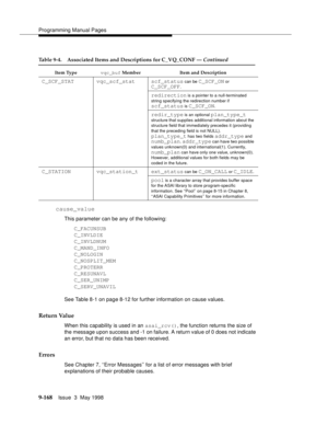 Page 390Programming Manual Pages
9-168Issue  3  May 1998 
cause_value
This parameter can be any of the following:
   C_FACUNSUB
   C_INVLDIE
   C_INVLDNUM
   C_MAND_INFO
   C_NOLOGIN
   C_NOSPLIT_MEM
   C_PROTERR
   C_RESUNAVL
   C_SER_UNIMP
   C_SERV_UNAVIL
See Table 8-1 on page 8-12 for further information on cause values.
Return Value
When this capability is used in an asai_rcv(), the function returns the size of 
the message upon success and -1 on failure. A return value of 0 does not indicate 
an error, but...