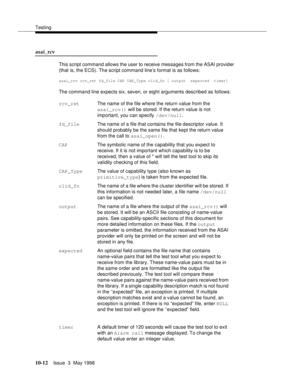 Page 410Testing
10-12Issue  3  May 1998 
asai_rcv 
This script command allows the user to receive messages from the ASAI provider 
(that is, the ECS). The script command line’s format is as follows:
asai_rcv rcv_ret fd_file CAP CAP_Type clid_fn [ output  expected  timer]
The command line expects six, seven, or eight arguments described as follows:
rcv_retThe name of the file where the return value from the
asai_rcv() will be stored. If the return value is not 
important, you can specify /dev/null.
fd_fileThe...