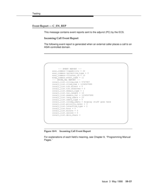 Page 413Testing
Issue  3  May 1998
10-15
Event Report — C_EN_REP 
This message contains event reports sent to the adjunct (PC) by the ECS.
Incoming Call Event Report 
The following event report is generated when an external caller places a call to an 
ASAI-controlled domain.
:
Figure 10-9. Incoming Call Event Report
For explanations of each field’s meaning, see Chapter 9, ‘‘Programming Manual 
Pages.’’
--- EVENT REPORT ---
asai_common->capability = 22
asai_common->primitive_type = 0
asai_common->cluster_id = 10...