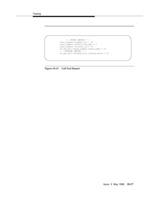 Page 415Testing
Issue  3  May 1998
10-17
Figure 10-13. Call End Report
--- EVENT REPORT ---
asai_common->capability = 22
asai_common->primitive_type = 0
asai_common->cluster_id = 10
ev_rpt_ptr->erep_common.event_name = 12
--- CALLEND REPORT ---
ev_rpt_ptr->calend_list.calend_cause = 25 