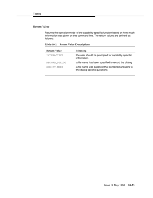 Page 421Testing
Issue  3  May 1998
10-23
Return Value
Returns the operation mode of the capability-specific function based on how much 
information was given on the command line. The return values are defined as 
follows:
Table 10-2. Return Value Descriptions
Return Value Meaning
INTERACTIVEthe user should be prompted for capability-specific 
information
RECORD_DIALOGa file name has been specified to record the dialog
SCRIPT_MODEa file name was supplied that contained answers to 
the dialog-specific questions 