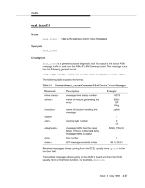 Page 77OA&M
Issue  3  May 1998
2-27
esai_trace(1)
Name
esai_trace — Trace LAN Gateway (ESAI) ASAI messages
Synopsis
esai_trace
Description
esai_trace is a general-purpose diagnostic tool. Its output is the actual ASAI 
message traffic to and from the ASAI-E LAN Gateway board. The message trace 
has the following general format:
       
The following table explains the format.
Received messages (those coming from the ECS) usually have uplink in the 
function field.
Transmitted messages (those going to the ASAI-E...