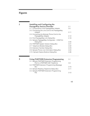 Page 7Figures
vii
2 Installing and Configuring the
PassageWay Service Provider
2-1
2-1. Components of the PassageWay Adapter 2-5
2-2. Connecting the Line Cord to the PassageWay
Adapter 2-11
2-3. Connecting the Modular Phone Cord to the
PassageWay Adapter 2-12
2-4. Find PassageWay Link Dialog Box 2-18
2-5. Sample PassageWay Configurator - COM Port
Dialog Box 2-20
2-6. PARTNER System Version Dialog Box 2-21
2-7. Telephone Models Dialog Box 2-22
2-8. Extension Number Dialog Box 2-23
2-9. Sample Phone Line...