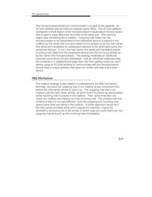 Page 86PC Serial Ports
A-3
The microprocessor/serial port communication consists of two aspects:  an
I/O port address and an interrupt request signal (IRQ).  The I/O port address
represents a small region of the microprocessors input/output memory space
that is used to pass data back and forth to the serial port.  This memory
region acts something like a mailbox:  Outgoing mail (data from the
microprocessor to be transmitted to the peripheral device) is placed in the
mailbox by the owner (the microprocessor) to...