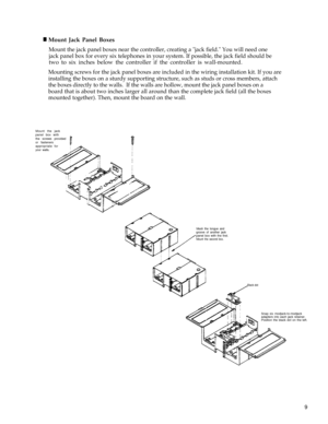 Page 14 n Mount Jack Panel Boxes
Mount the jack panel boxes near the controller, creating a jack field. You will need one
jack panel box for every six telephones in your system. If possible, the jack field should be
two to six inches below the controller if the controller is wall-mounted.
Mounting screws for the jack panel boxes are included in the wiring installation kit. If you are
installing the boxes on a sturdy supporting structure, such as studs or cross members, attach
the boxes directly to the walls....