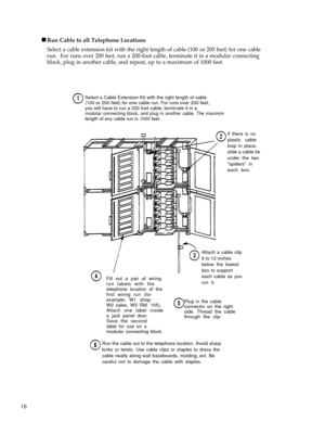 Page 15 n
Run Cable to all Telephone Locations
Select a cable extension kit with the right length of cable (100 or 200 feet) for one cable
run.  For runs over 200 feet, run a 200-foot cable, terminate it in a modular connecting
block, plug in another cable, and repeat, up to a maximum of 1000 feet.
Select a Cable Extension Kit with the right length of cable
(100 or 200 feet) for one cable run. For runs over 200 feet,
you will have to run a 200 foot cable, terminate it in a
modular connecting block, and plug in...