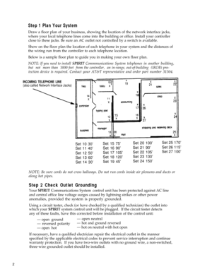 Page 7Step 1 Plan Your System
Draw a floor plan of your business, showing the location of the network interface jacks,
where your local telephone lines come into the building or office. Install your controller
close to these jacks. Be sure an AC outlet not controlled by a switch is available.
Show on the floor plan the location of each telephone in your system and the distances of
the wiring run from the controller to each telephone location.
Below is a sample floor plan to guide you in making your own floor...