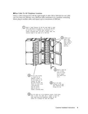 Page 12n Run Cable To All Telephone Locations
Select a cable extension kit with the right length of cable (100 or 200 feet) for one cable
run. For runs over 200 feet, run a 200-foot cable, terminate it in a modular connecting
block, plug in another cable, and repeat, up to a maximum of 1000 feet.
Select a Cable Extension Kit with the right length of cable
(100 or 200 feet) for one cable run.  For runs over 200 feet,
you will have to-run a 200-foot cable, terminate it in a
modular connecting block, and plug in...