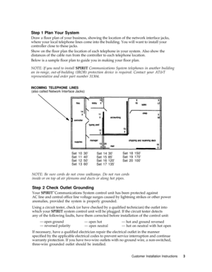 Page 6Step 1 Plan Your System
Draw a floor plan of your business, showing the location of the network interface jacks,
where your local telephone lines come into the building. You will want to install your
controller close to these jacks.
Show on the floor plan the location of each telephone in your system. Also show the
distances of the cable run from the controller to each telephone location.
Below is a sample floor plan to guide you in making your floor plan.
NOTE: If you need to install SPIRIT...