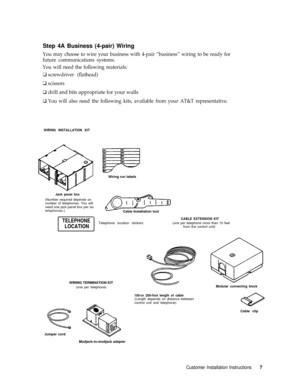 Page 10Step 4A Business (4-pair) Wiring
You may choose to wire your business with 4-pair “business” wiring to be ready for
future communications systems.
You will need the following materials:
q screwdriver (flathead)
q scissors
q drill and bits appropriate for your walls
q You will also need the following kits, available from your AT&T representative.
WIRING  INSTALLATION  KIT
Wiring run labels
Jack panel box
(Number required depends on
number of telephones. You will
need one jack panel box per six...