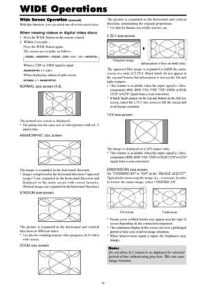 Page 1516
Wide Screen Operation (manual)
With this function, you can select one of seven screen sizes.
When viewing videos or digital video discs
1. Press the WIDE button on the remote control.
2.Within 3 seconds ...
Press the WIDE button again.
The screen size switches as follows:
→ NORMAL → ANAMORPHIC → STADIUM → ZOOM → 2.35:1 → 14:9 → UNDERSCAN
When a 720P or 1080I signal is input:
ANAMORPHIC ↔  2.35:1
When displaying enhanced split screen:
NORMAL ↔  ANAMORPHIC
NORMAL size screen (4:3)
The normal size screen...