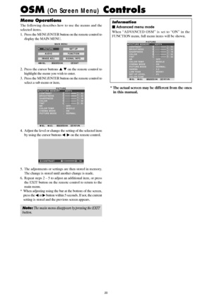 Page 1920
Menu Operations
The following describes how to use the menus and the
selected items.
1. Press the MENU/ENTER button on the remote control to
display the MAIN MENU.
MAIN MENU
PICTURE
AUDIO
IMAGE ADJ.SET UP
FUNCTION
SIGNAL INFO.
SEL.EXITMENU/ENTEROKEXIT
2. Press the cursor buttons   on the remote control to
highlight the menu you wish to enter.
3. Press the MENU/ENTER button on the remote control to
select a sub menu or item.
SEL. ADJ. RETURN
PICTURE
PICTURE MEMORY
CONTRAST
BRIGHTNESS
SHARPNESS
COLOR...