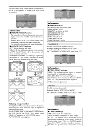 Page 3132
Reducing image retention
The brightness of the screen, the position of the picture,
positive/negative mode and screen wiper are adjusted to
reduce image retention.
Set “ADVANCED OSM” to “ON” in the FUNCTION menu.
On “PDP SAVER” of “FUNCTION” menu, select
“MANUAL”, then press the MENU/ENTER button.
The “PDP SAVER” screen appears.
Set “ADVANCED OSM” to “ON” in the FUNCTION menu.
On “PICTURE FREEZE” of “FUNCTION” menu, select
“BTM LEFT”.
SEL. ADJ. RETURNEXIT
FUNCTION
ADVANCED OSM
POWER MGT.
INPUT SKIP...